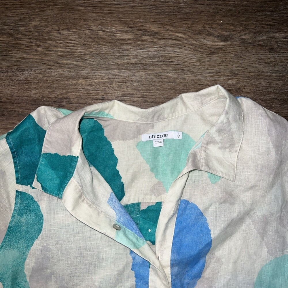 Chico's Shirt Womens Medium 1 US 8 Blue Green Abstract Pullover 3/4 Sleeve Tunic - Picture 2 of 9